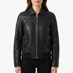 Blouson Bomber Professionnel Slim Fit en Cuir Véritable pour Femme avec Col Montant, Fermeture Éclair et Logo Frontal, Fonction Chauffante - Product Image 1