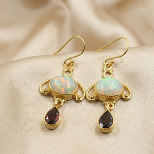 Ethiopian Opal Garnet <b>Dangle</b> <b>Earrings</b> 925 Sterling Silver Rose <b>Gold</b> Yellow <b>Gold</b> Plated Handmade Vintage Gemstone Jewelry Women - Product Image 3