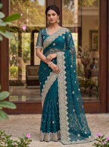 Indian Traditional Gorgeous Net with Embroidery Work With Pearls Diamond Fancy Saree for Festive Party for Women Trendy Wear - Product Image 2