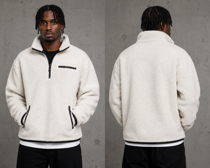 2026 En gros Sweat-shirt polaire blanc uni pour homme, col zippé, épais et chaud, en polaire Teddy, décontracté à col montant - Product Image 3