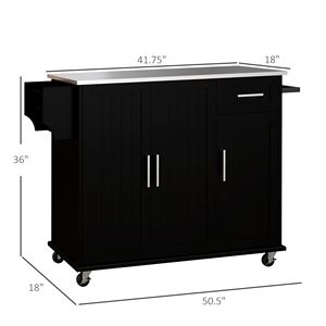 Îlot de cuisine roulant noir avec dessus en acier inoxydable, tiroirs, armoires et étagères mobiles pour un rangement efficace - Product Image 3