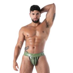 Jockstrap en latex zippé effet seconde peau kaki pour homme, style fetish, avec poche sexy - Product Image 3