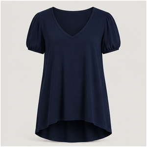 T-shirt tunique décontracté pour femme, bleu foncé, col en V, manches courtes bouffantes, WTS-0019 - Product Image 1