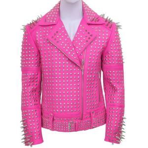 Pink Cowhide <b>Leather</b> Winter Raw Moto Jacket Silver <b>Rivets</b> Spikes Full Sleeve Zipper Closure Turn-down Collar Women's Biker Style - Product Image 1