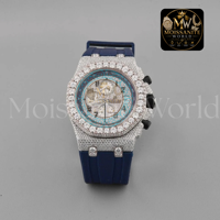 Montre Chronographe de Luxe Antique Simple avec Lunette Entièrement Sertie de Moissanite, Mécanique pour Homme, Bracelet en Caoutchouc de Silicone Noir de 20 mm, Boîtier de 42 mm