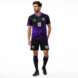 Conjunto de Uniforme de Fútbol Sublimado Personalizado con Camiseta, Pantalones Cortos y Calcetines, Color Negro y Morado, Cuello en V, Ropa Deportiva de Equipo con Nombre y Número - Product Image 2
