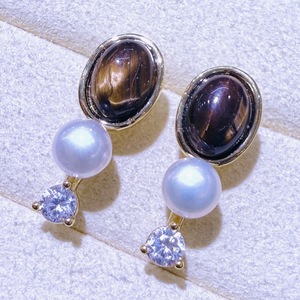 Pendientes Colgantes Finos Geométricos Circulares de Circonio, con Perla de Agua Dulce Retro, Concha de Mariposa Blanca y Piedra Ojo de Tigre Francés - Product Image 2