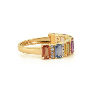 Magnifiques produits les plus vendus : Bague demi-éternité en or jaune véritable K14 avec saphirs multicolores et diamants, bijoux pierres de naissance - Product Image 5