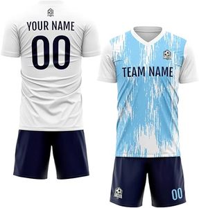 ชุดเสื้อฟุตบอลพรีเมียมสำหรับผู้ชาย สีน้ำเงินขาว แบบซับลิเมชั่น คอวี ระบายเหงื่อได้ดี แขนสั้น ทรงปกติ สำหรับผู้ใหญ่ ทุกฤดูกาล - Product Image 3
