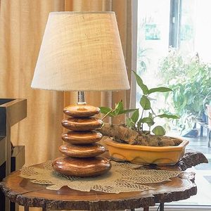 Wood Pebble <b>Table</b> Lamp with Fabric Shade Modern Wooden <b>Bedside</b> Living Room Lamp - Product Image 5