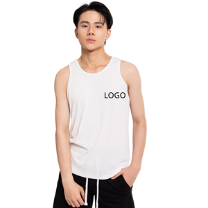 Men's <b>White</b> Cotton <b>Tank</b> <b>Top</b> O-Neck Solid Color Casual Breathable Front Logo Printed Knitted Fabric - Product Image 1