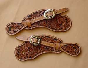 Leather Horse Boot Spurs Brown Floral Tooling Blue Stitching for Western Riding Customized Size Premium Finish LC-365 Uttar - Product Image 2