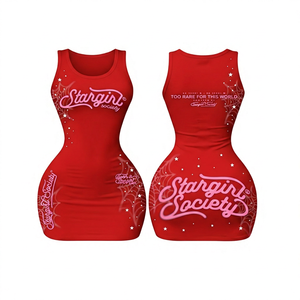 Vestido Romper Rojo sin Mangas con Cuello Redondo, Cintura Alta, Ajustado, Transpirable, con Estampado de Letras para Fiesta - Product Image 1