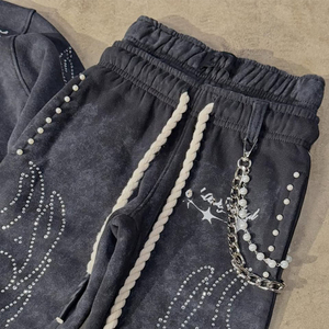 Ensemble de survêtement vintage personnalisé pour homme, deux pièces, avec strass, imprimé effet vieilli, coupe jogger, délavé à l'acide, évasé, style streetwear - Product Image 4