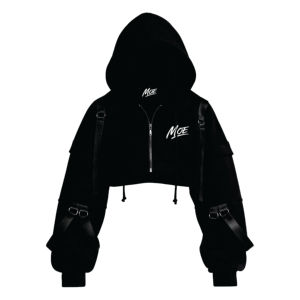 Sudadera corta con capucha de moda para mujer, estilo techwear, negra, con cremallera, detalles de tiras, top streetwear, proveedor OEM, EE. UU. - Product Image 6