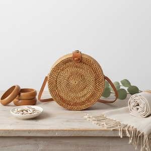 Handmade Rattan Wicker Crossbody <b>Bag</b> Women Summer Beach <b>Boho</b> Style Natural Straw Handbag Vietnam Supplier OEM Custom Bucket - Product Image 2