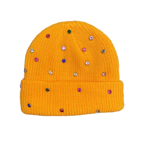 Gorro de Punto Amarillo con Diseño de Puntos de Diamantes de Imitación, Estilo Casual Unisex para Invierno - Product Image 1