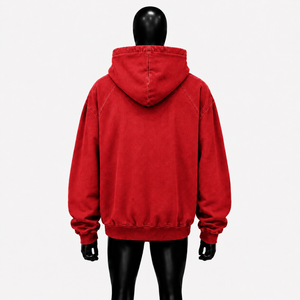 Sudadera con capucha roja lavada de gran tamaño con cremallera completa, estilo vintage streetwear, corte holgado, con bolsillos delanteros dobles con parche. - Product Image 2