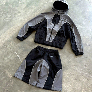 Reflective <b>Summer</b> Hooded Windbreaker Set Unisex Nylon Tracksuit <b>Jacket</b> Shorts Custom Logo 2 piece Nylon shorts Sets - Product Image 1