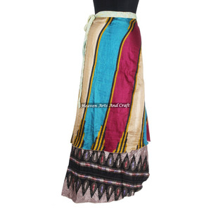 Designer Double Layer Reversible <b>Sarong</b> Silk Sari Magic <b>Wrap</b> Skirt From India 2 Layer Reversible Magic Silk Saris <b>Wrap</b> Long Sexy - Product Image 1