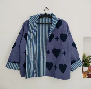 Handmade Bohemian TNT Color Suzani <b>Jacket</b> for Women Purple Cotton Heart Applique Reversible <b>Kantha</b> Style Layering Coat - Product Image 5