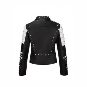 Veste de moto en cuir PU noir et blanc pour femme FIT2U WEARS, avec rivets, fermeture éclair métallique, plusieurs poches, style rock slim, respirante - Product Image 2
