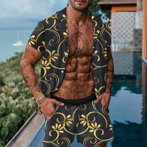 Ensembles 2 pièces en satin pour hommes, style décontracté, avec logo personnalisé, respirants, séchage rapide, imprimé hawaïen, chemise et short tissés – Vente en gros pour l'été - Product Image 5