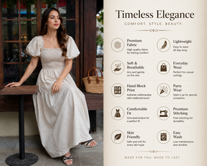 เดรสยาวผ้าฝ้ายทรงสม็อคสุดฮิต - เดรสลำลองสีครีม คอเหลี่ยม แขนพอง สำหรับผู้หญิง แฟชั่นฤดูร้อน - Product Image 5