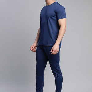 Conjunto Deportivo Azul Marino para Hombre, Manga Corta, Cuello Redondo, Color Sólido, Secado Rápido, Corte Regular, Pantalones Largos para Verano - Product Image 2