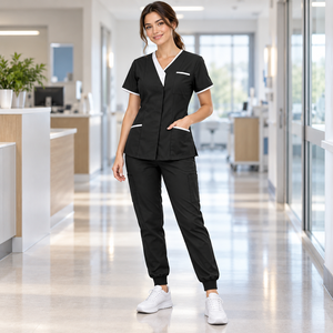Conjunto de uniforme médico para mujer, color negro con ribete blanco, top con cuello en V y pantalones cargo. - Product Image 2