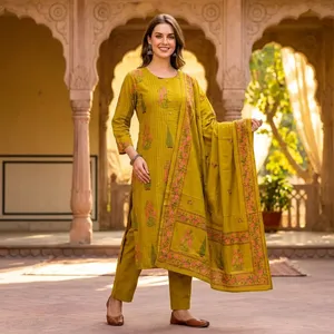 Conjunto de Kurti, Pantalón y Dupatta de Algodón Amarillo Mostaza para Mujer, Corte Recto, con Pliegues, Manga Tres Cuartos, Bordado, Ropa Tradicional - Product Image 5