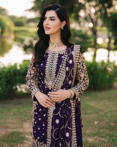 Women's Faux Georgette Embroidered Full Sleeve Straight <b>Kurti</b> with Pant & Dupatta Set - Product Image 2