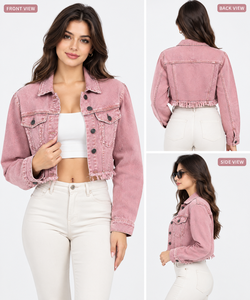 Chaqueta vaquera rosa corta para mujer, estilo camionero, manga larga, color liso, cuello vuelto, dobladillo deshilachado, para primavera - Product Image 3
