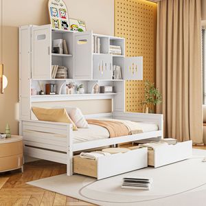 <b>White</b> Twin-Size Wooden <b>Daybed</b> with 2 Drawers All-in-One Cabinet and Shelf - Product Image 2