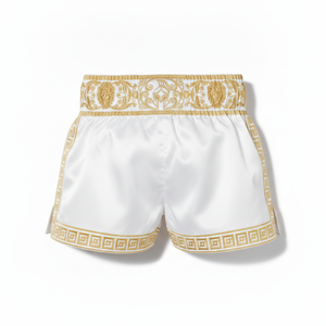Shorts de boxe en soie blanche avec motif grec brodé doré et design couronne de lauriers, coupe classique, unisexe adulte - Product Image 3