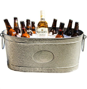 Classic Brushed Steel Galvanized Ice <b>Bucket</b> Beverage Holder Blue Rope Handles 5L Capacity Portable Durable Oval Floral Pattern - Product Image 1