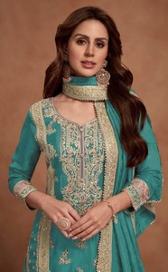 Embroidered Silk Semi-Stitched Women's Modern Midi Salwar Kameez for Wedding Diwali & Prom - Product Image 4