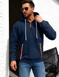 Sweat-shirts à capuche pour hommes, à fermeture éclair quart, manches longues, avec cordon de serrage, style sport décontracté, avec poches - Product Image 2