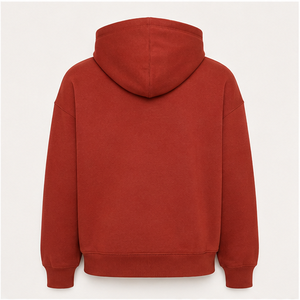 เสื้อฮู้ดดี้ทรงบ็อกซี่ผู้ชายสีแดงอิฐแบบปรับแต่งได้ พร้อมเชือกผูกแบบโทนสีเดียวกัน กระเป๋าจิงโจ้ ผ้าเฟรนช์เทอร์รี่เนื้อนุ่ม รุ่น MHOOD-0019 - Product Image 2