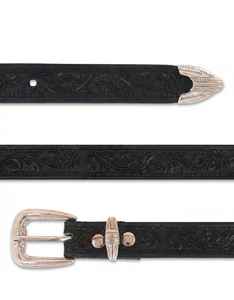 Ceinture Western Classique en Cuir Noir Gravé, Unisexe, avec Boucle en Argent à Motifs Floraux, Ensemble de 3 Pièces, en Cuir de Vachette Premium RUB - Product Image 4