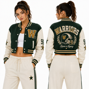 Chaqueta Letterman Corta Personalizada para Mujer, Cuerpo de Lana, Mangas de Cuero, Corte Ligero y Moderno, Logotipo Personalizado, Pedido al por Mayor, Directo de Fábrica - Product Image 6