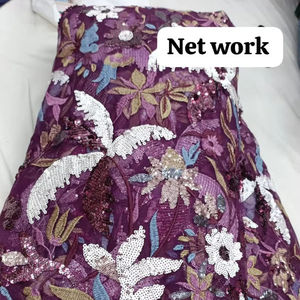 Exquisita tela de red azul oscuro con bordado floral multicolor de hilo grueso y lentejuelas brillantes para diseño étnico. - Product Image 5