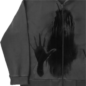 Sweat-shirt à capuche zippé pour homme, noir, imprimé fantôme à poils longs, style décontracté automne, 100% coton tricoté, coupe régulière, logo frontal - Product Image 4