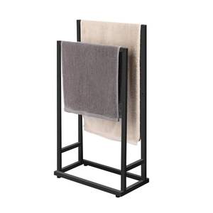 Porte-serviettes de salle de bain noir sur pied en fer, double niveau, personnalisé, étanche, durable, avec barre de rangement suspendue et compartiment de rangement - Product Image 3