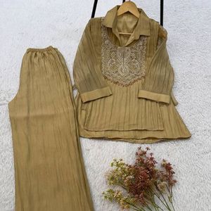 Elegant Beige Knee-Length Regular Fit <b>Kurti</b> Pant Dupatta Set Embroidered Yoke Pleated <b>Indian</b> Pakistani Outfit for Party Wedding - Product Image 6