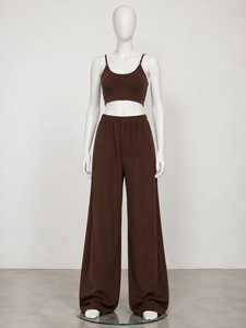 Women Brown Knitted Wide Leg <b>Pants</b> High Waist Loose Fit Full Length Casual Solid Color Elastic Waist Spandex Cotton Sweatpants - Product Image 1