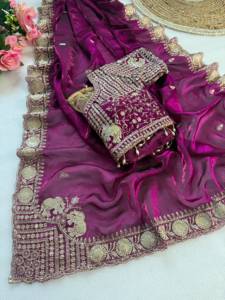 Indian Traditional Ethnic Saree Embroidery <b>Sequins</b> Work Recycled <b>Materials</b> Floor-Length for Wedding Occasion Festive Function - Product Image 2