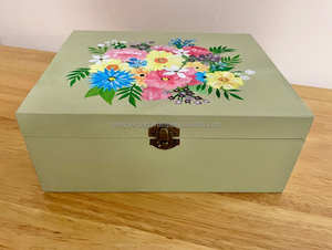 Sage Green Hand-Painted <b>Memory</b> <b>Box</b> Luxurious <b>Wood</b> Storage and Jewelry <b>Box</b> with Cheerful Floral Design - Product Image 2