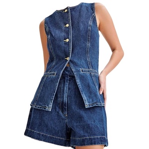 Haut sans manches décontracté pour femmes et short taille haute ensemble en jean tenue 2 pièces avec hauts haute visibilité et gilet en jean 2026 - Product Image 2