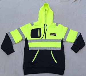 เสื้อฮู้ดสะท้อนแสง Hi Vis สำหรับผู้ชาย เสื้อแจ็คเก็ตนิรภัยสำหรับทำงาน มาตรฐาน ANSI Class 2 ความปลอดภัยสูง แขนยาว สีดำและสีเหลือง - Product Image 6